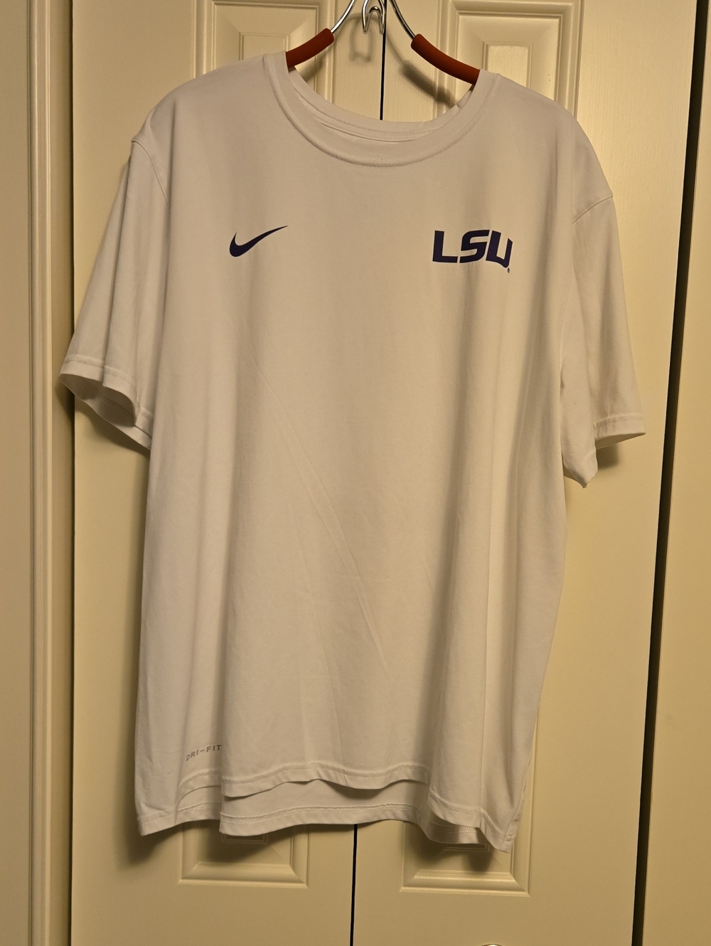 Nike White Short-Sleeve Tee with Purple LSU Logo